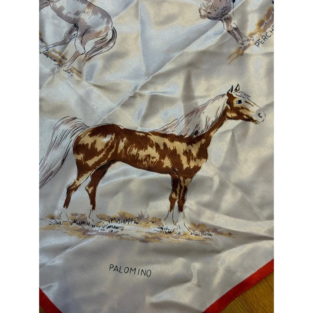 Vintage Horse Breeds Square Scarf Red White Equestrian Made in Japan 29x29